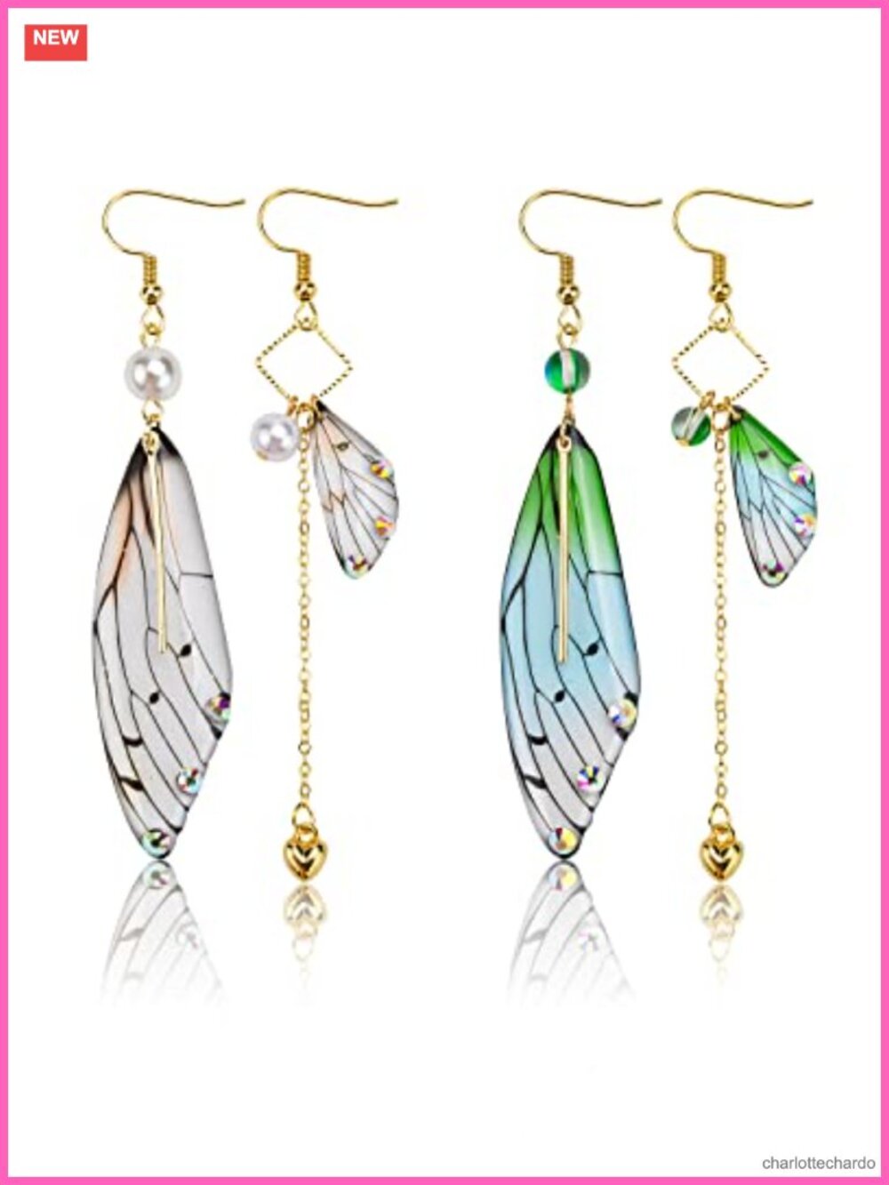 14K Plated Asymmetrical Butterfly Wing Drop Dangle Earrings Crystal